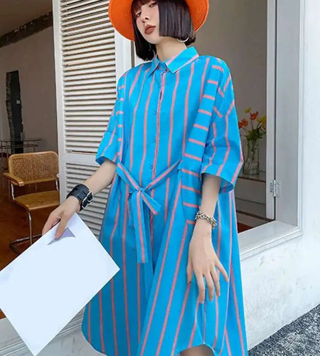 Women Blue Striped Bandage Big Size Knee-Length Shirt Dress New Lapel Long Sleeve Fashion Tide Spring Autumn 2025 1DH4539