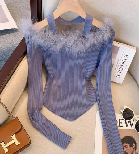 Vintage Fashion Women's White Slim Halter Knitted Pullover Tops Off Shoulder Elegant Asymmetrical Crochet Fur Sweater Simplicity