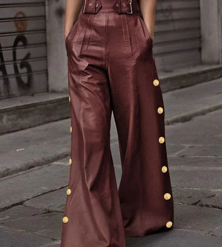 Spring High Waisted Faux Pu Pants for Women Red Pleated Gold Button Streetwear Feamale Flared Wide-leg Trousers