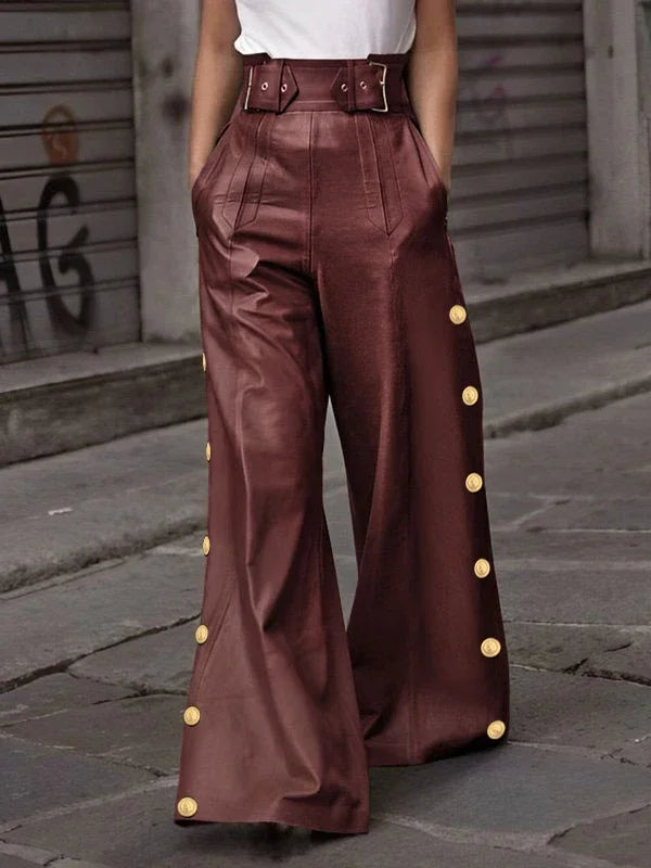 Spring High Waisted Faux Pu Pants for Women Red Pleated Gold Button Streetwear Feamale Flared Wide-leg Trousers