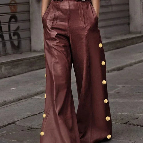 Load image into Gallery viewer, Fall Spring Women&#39;s Black Faux Pu Wide Leg Pants Pleated Button Streetwear High Waisted Floor-length Trousers for Woman
