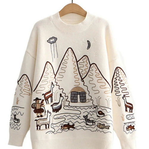 Load image into Gallery viewer, Women Sweater Korean College Style Cartoon Embroidery Winter Knitted Pullovers Loose Long Sleeve O-Neck Jumper Mujer Tops
