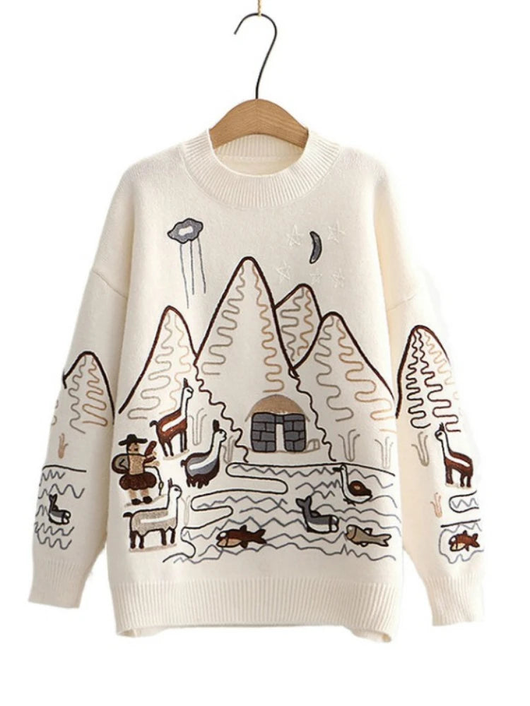 Women Sweater Korean College Style Cartoon Embroidery Winter Knitted Pullovers Loose Long Sleeve O-Neck Jumper Mujer Tops