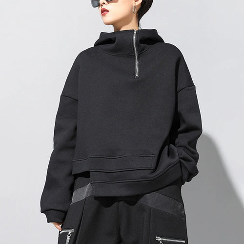 Load image into Gallery viewer, Black Irregular Hem Zipper Sweatshirt New Hooded Long Sleeve Women Big Size Fashion Tide Spring Autumn 2025 1DJ1788
