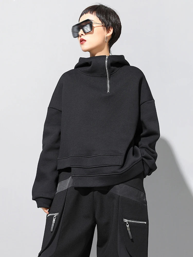 Black Irregular Hem Zipper Sweatshirt New Hooded Long Sleeve Women Big Size Fashion Tide Spring Autumn 2025 1DJ1788