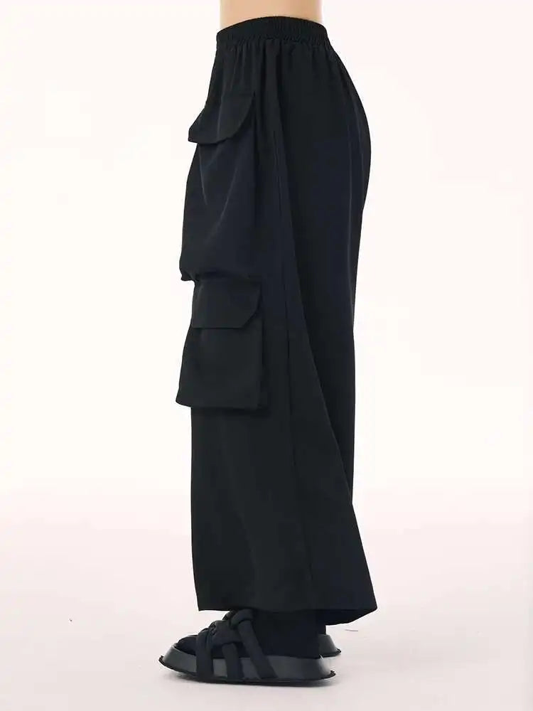 High Elastic Waist Black Pockets Casual Long Cargo Pants New Trousers Women Fashion Tide Spring Autumn 2025 1DH9216