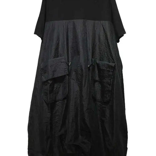 Load image into Gallery viewer, Women Black Drawstring Pocket Big Size Midi Dress New Round Neck Shhort Sleeve Fashion Tide Spring Summer 2025 1DJ0773
