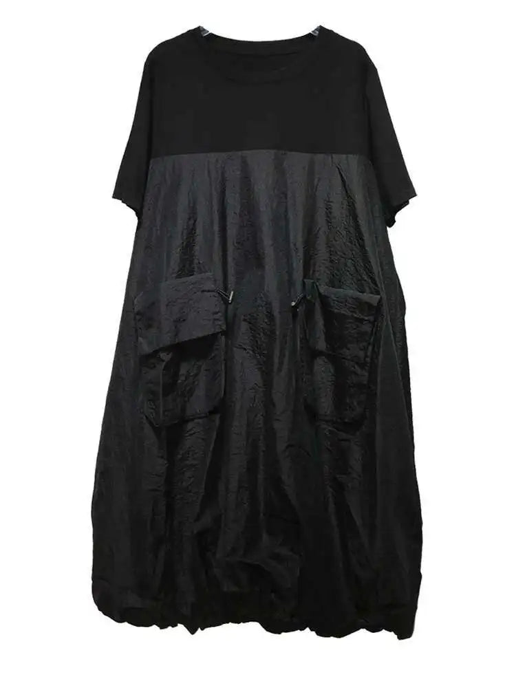 Women Black Drawstring Pocket Big Size Midi Dress New Round Neck Shhort Sleeve Fashion Tide Spring Summer 2025 1DJ0773