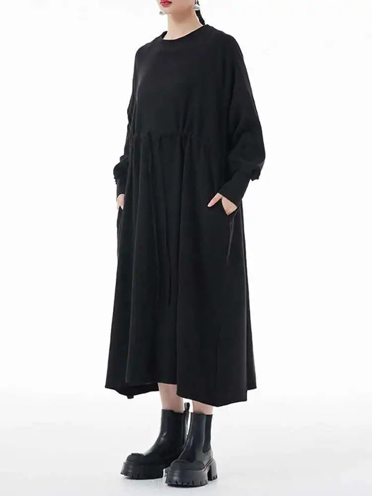 Women Army Green Big Size A-line Long Dress New Round Neck Long Sleeve Loose Fashion Tide Spring Autumn 2025 1DH3874