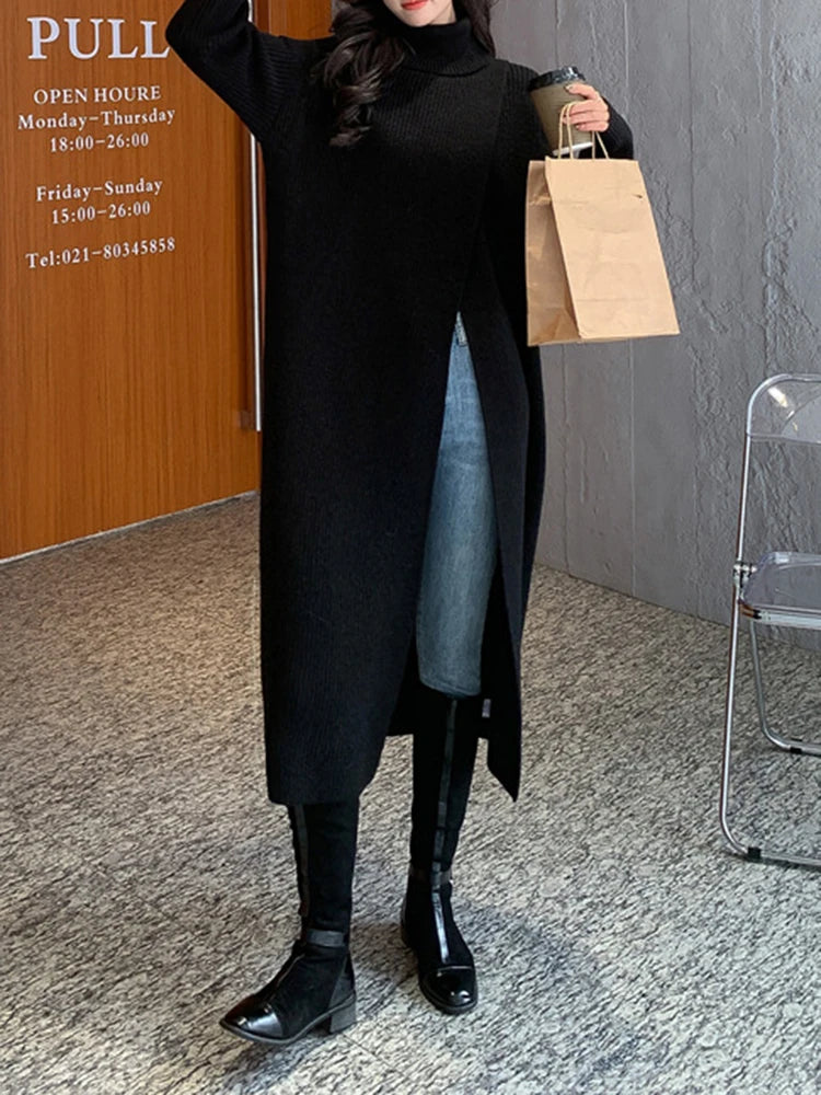 Women Orange Knitting Long Slit Big Size Dress New Turtleneck Long Sleeve Loose Fit Fashion Spring Autumn 2025 1DE5886