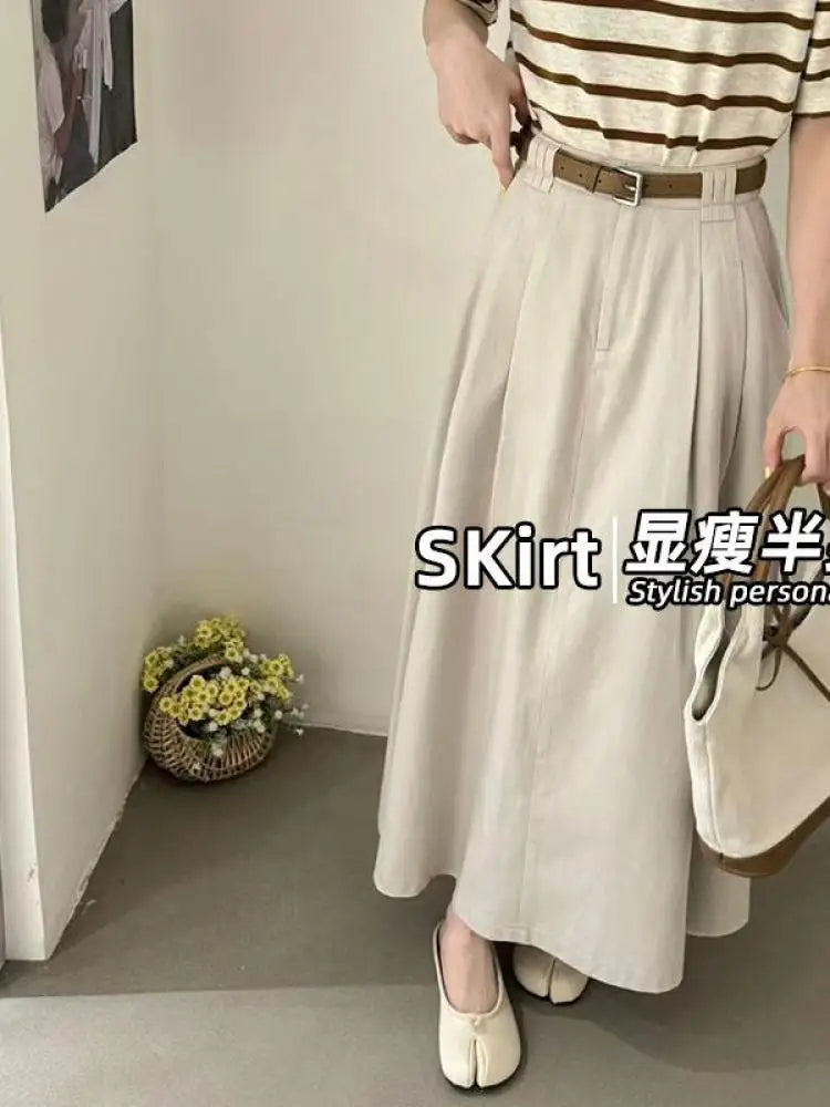 Spring Summer Korean Fashion Solid Elegant Sexy Pleated Long Skirt Women High Waist Festival Versatile Slim Skirts 2025 Casual