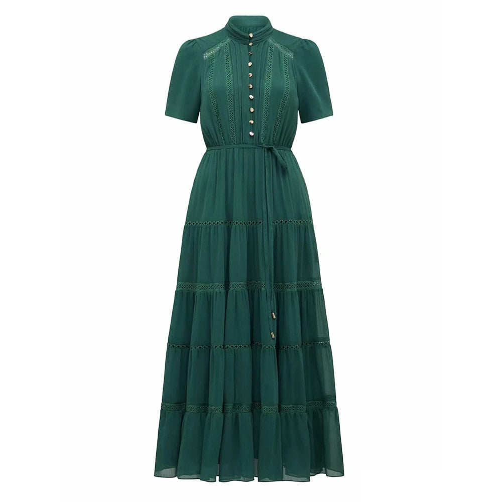 Casual A Line Dress For Women Stand Collar Short Sleeve Spliced Lace Up Solid Long Dress Female Summer Clothes