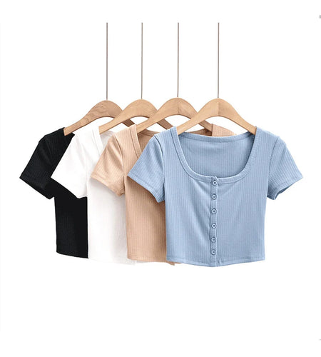 Women Rib Button Through Short Sleeve Top