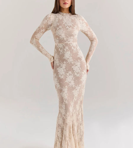 Lace Print Long Sleeve Sexy Maxi Dress For Women White Zipper Half High Collar Bodycon Fashion Elegant Long Dress