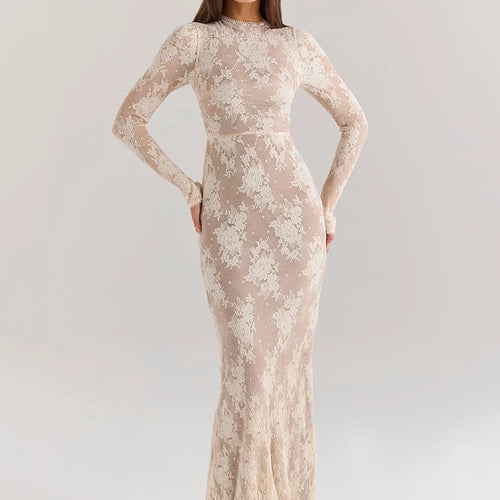 Load image into Gallery viewer, Lace Print Long Sleeve Sexy Maxi Dress For Women White Zipper Half High Collar Bodycon Fashion Elegant Long Dress
