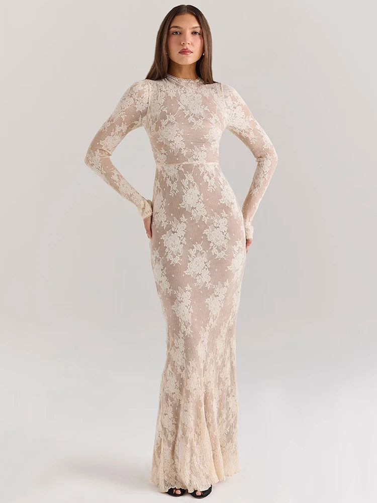 Lace Print Long Sleeve Sexy Maxi Dress For Women White Zipper Half High Collar Bodycon Fashion Elegant Long Dress