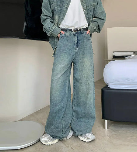 Male Wear New Vintage Washed Men's Jeans American Wide Leg Loose Denim Pants Trend Casual Straight Trousers Spring 9W1293