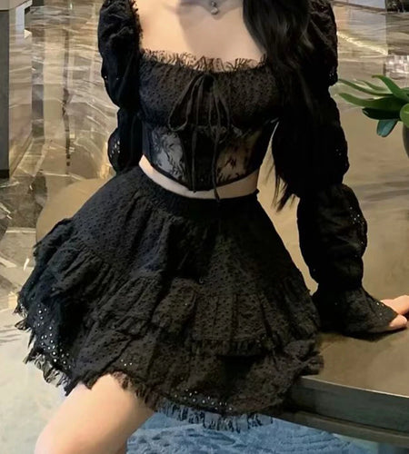 Solid Spliced Lace Sexy Two Piece Sets for Women Square Neck Long Sleeves Sheer Top High Waist Mini Skirt Set Female