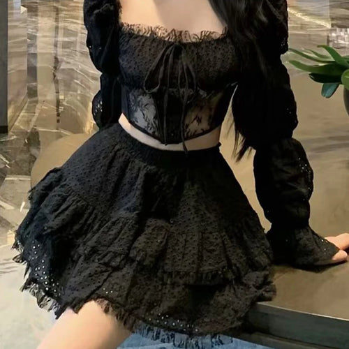 Load image into Gallery viewer, Solid Spliced Lace Sexy Two Piece Sets for Women Square Neck Long Sleeves Sheer Top High Waist Mini Skirt Set Female
