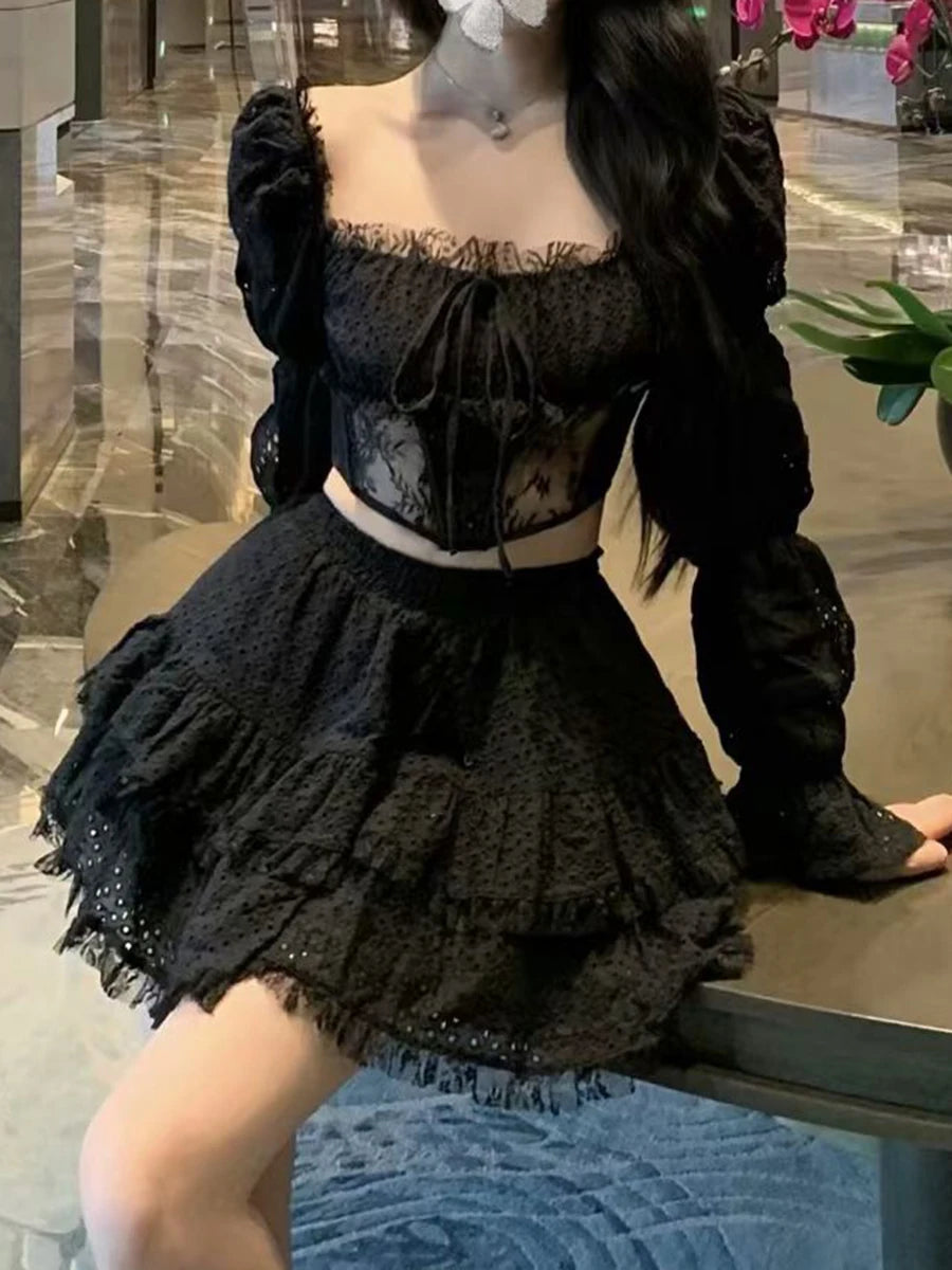 Solid Spliced Lace Sexy Two Piece Sets for Women Square Neck Long Sleeves Sheer Top High Waist Mini Skirt Set Female