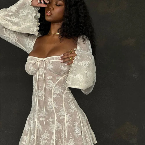 Load image into Gallery viewer, Elegant Print Mini Dress For Women Autumn Winter New Square Collar Long Sleeve Backless Loose Club Party Sexy Dress
