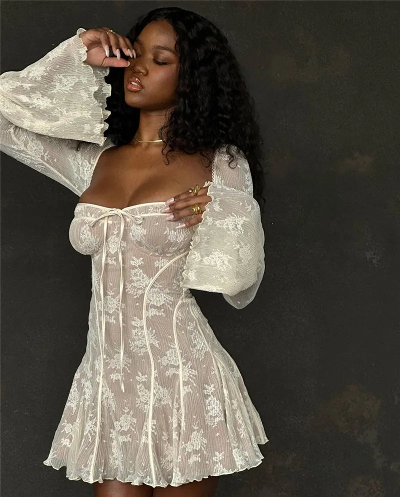 Elegant Print Mini Dress For Women Autumn Winter New Square Collar Long Sleeve Backless Loose Club Party Sexy Dress