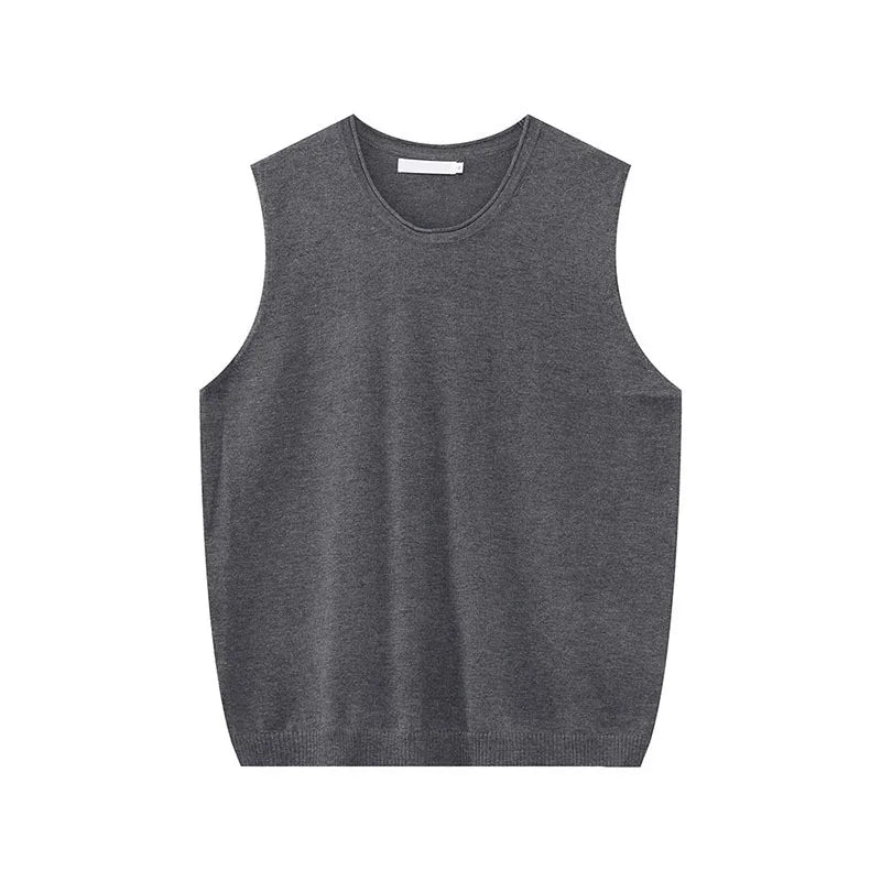 Men's Vest New Summer Korean Round Neck Design Solid Color Loose Sleeveless T-shirt Knitted Casual Male Top Trend 9W1592