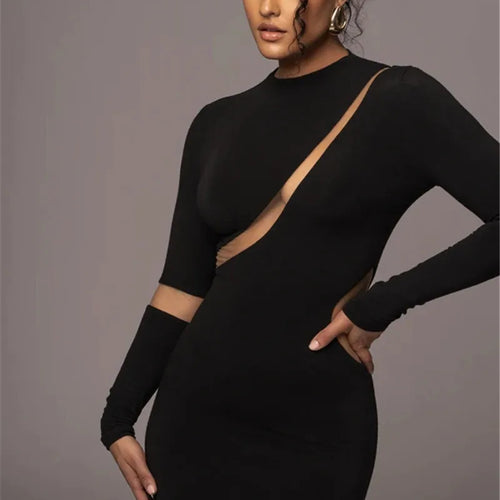 Load image into Gallery viewer, Turtleneck Long Sleeve Bodycon Maxi Dress For Women Autumn New Patchwork Hollow Out Club Party Sexy Long Dress Vestidos
