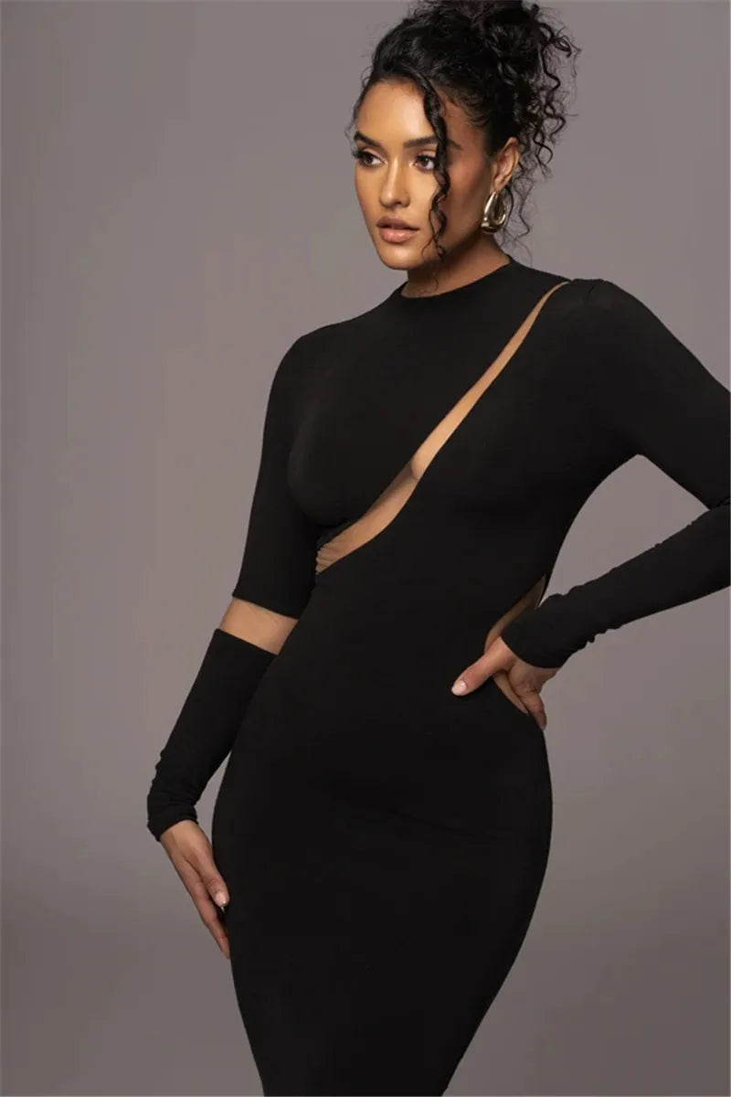 Turtleneck Long Sleeve Bodycon Maxi Dress For Women Autumn New Patchwork Hollow Out Club Party Sexy Long Dress Vestidos