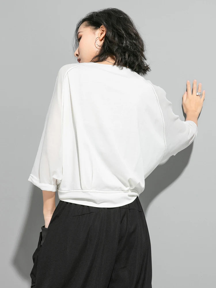 Women White Hem Bandage Big Size T-shirt New Round Neck Three-quarter Sleeve Fashion Tide Spring Autumn 2025 1DJ1828