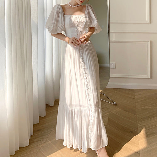 Load image into Gallery viewer, Elegant White Dress For Women Square Collar Puff Sleeve High Waist Solid Loose Midi Dresses Female Clothing Fashion
