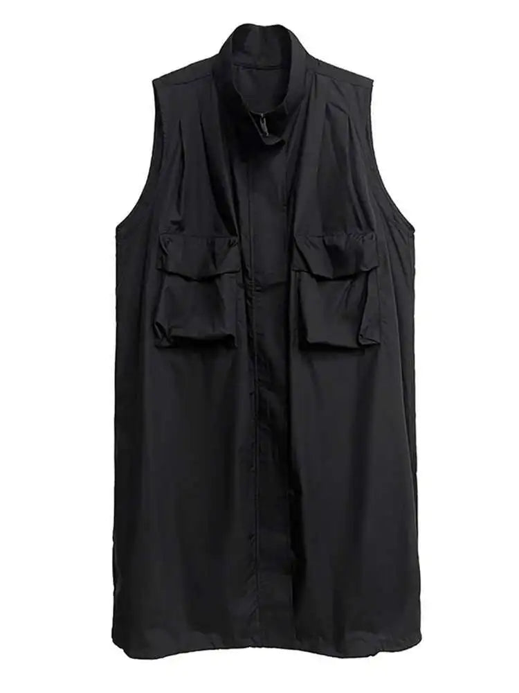 Women Green Pocket Hem Drawstring Big Size Vest Dress New Stand Collar Sleeveless Fashion Tide Spring Autumn 2025 1DJ0147