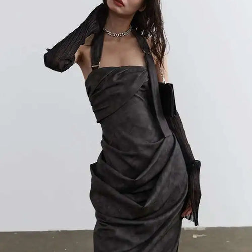 Load image into Gallery viewer, Women Gray Shaped Pleated Pu Leather Long Elegant Strapless Dress New Sleeveless Fashion Tide Spring Autumn 2025 1DH4724
