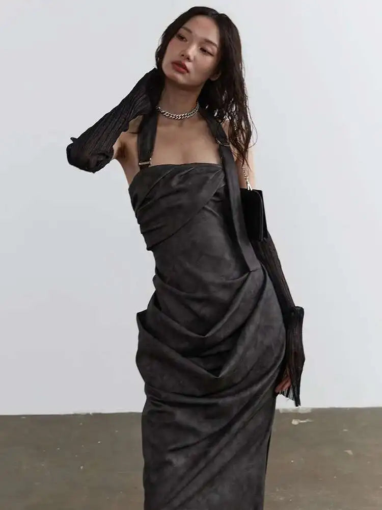 Women Gray Shaped Pleated Pu Leather Long Elegant Strapless Dress New Sleeveless Fashion Tide Spring Autumn 2025 1DH4724