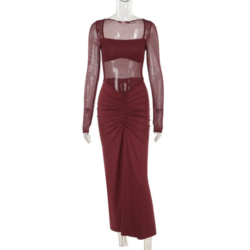 Load image into Gallery viewer, See Through Mesh Sexy Maxi Dress For Women Fashion Square Collar Long Sleeve Ruched Bodycon Club Party Long Dress
