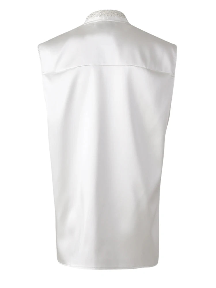 Women Pearl Nailed Rhinestones Elegant Big Size Blouse New V-neck Sleeveless Shirt Fashion Tide Spring Summer 2025 CPG306