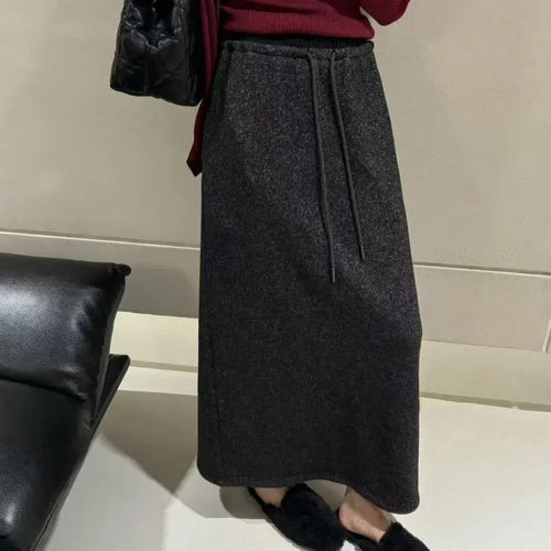 Load image into Gallery viewer, Korean Style Woman Black Elegant High Waisted Straight Woolen Skirts Autumn Winter Casual Simple Grey Drawstring Lace-up Skirt
