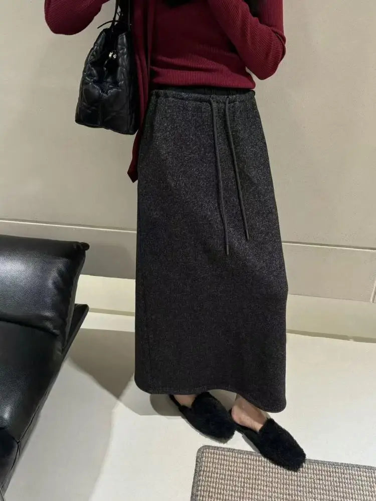 Korean Style Woman Black Elegant High Waisted Straight Woolen Skirts Autumn Winter Casual Simple Grey Drawstring Lace-up Skirt