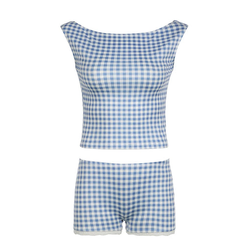 Load image into Gallery viewer, Y2K Fashion Skinny Blue Plaid Two Pieces Set Women 2000s Aesthetic Summer Tank Top +Shorts Cute Coquette Suits Korean
