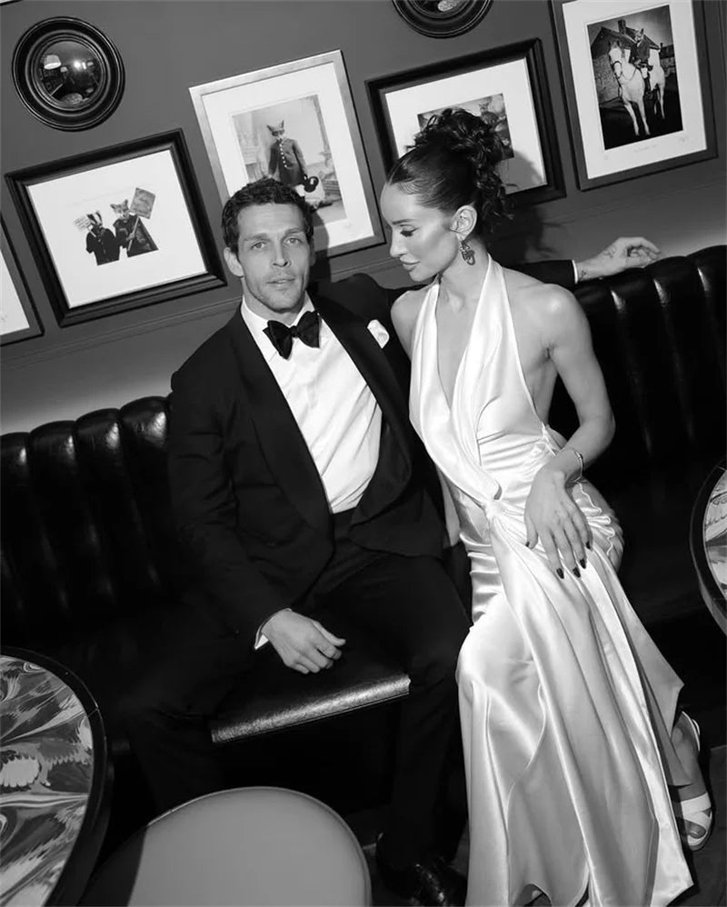 Satin Deep V Neck Backless Sexy Maxi Dress Women Elegant Halter Sleeveless Lace-up High Waist Draped Ruched Long Dress