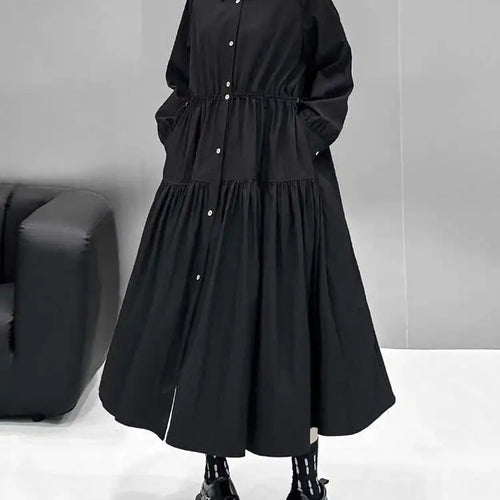 Load image into Gallery viewer, Women Black Big Size Elegant Shirt Dress Brief Pleated Hem New Lapel Long Sleeve Fashion Tide Spring Autumn 2025 1DH9327
