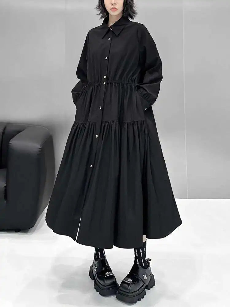 Women Black Big Size Elegant Shirt Dress Brief Pleated Hem New Lapel Long Sleeve Fashion Tide Spring Autumn 2025 1DH9327