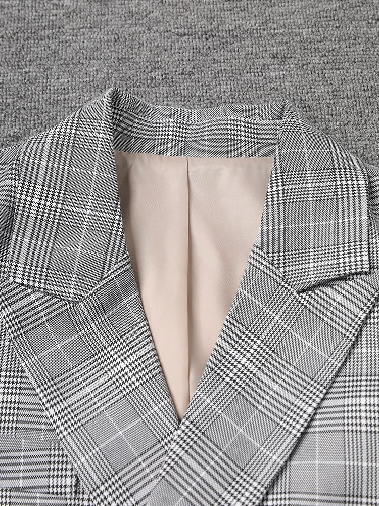 Women Plaid Double Breasted Back Pleated Elegant Blazer New Lapel Long Sleeve Jacket Fashion Spring Autumn 2025 3WM2547