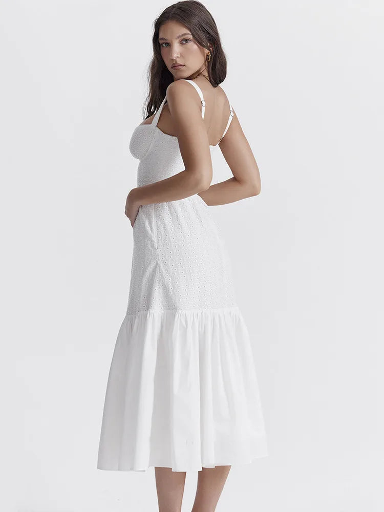 Elegant White Spaghetti Strap Midi Dress For Women Fashion Strapless Sleeveless Backless A-line Club Party Dress