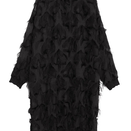 Load image into Gallery viewer, Spring Autumn Stand Collar Long Sleeve Perspective Black Loose Tassels Big Size Dress Women Fashion Tide JI780
