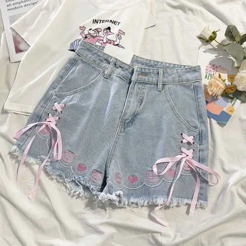 Load image into Gallery viewer, Japanese Denim Shorts Women 2024 New Bottoms Hig Waist Embroidery Bandage Pants Tunic Cute Shorts Pantalones Cortos De Mujer
