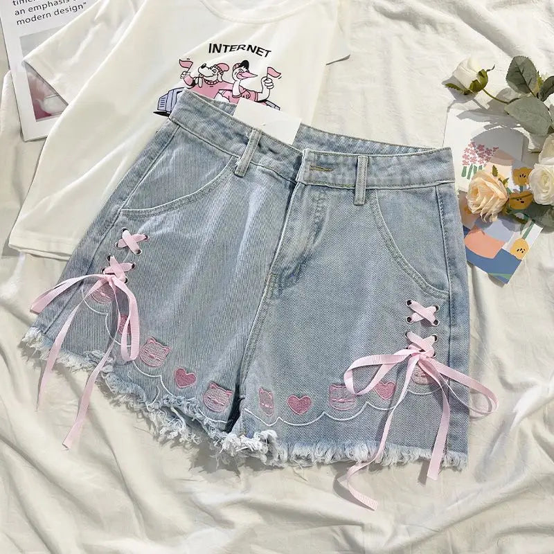 Japanese Denim Shorts Women 2024 New Bottoms Hig Waist Embroidery Bandage Pants Tunic Cute Shorts Pantalones Cortos De Mujer