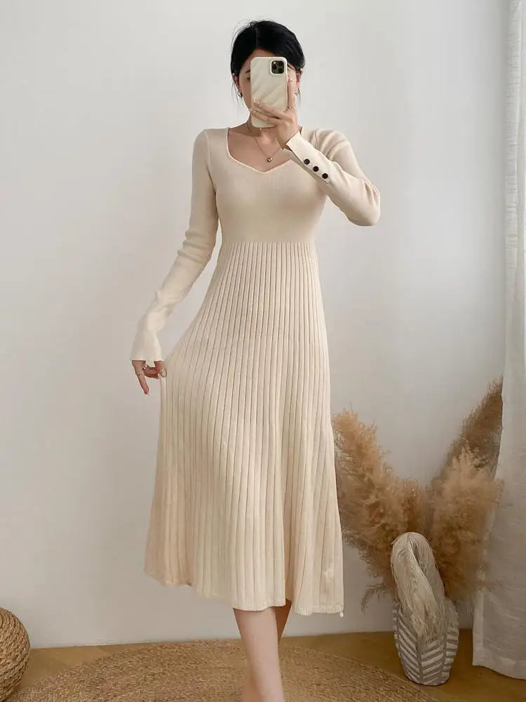 Women Autumn Beige Elegant Knit Long Dress Square V Neck Slim Bodycon Sweater Dress Winter Black Long Sleeves Dresses New French