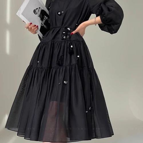 Load image into Gallery viewer, Solid Spliced Sequines Loose Dresses For Women O Neck Long Sleeve High Waist Temperament Dress Female Fashion New
