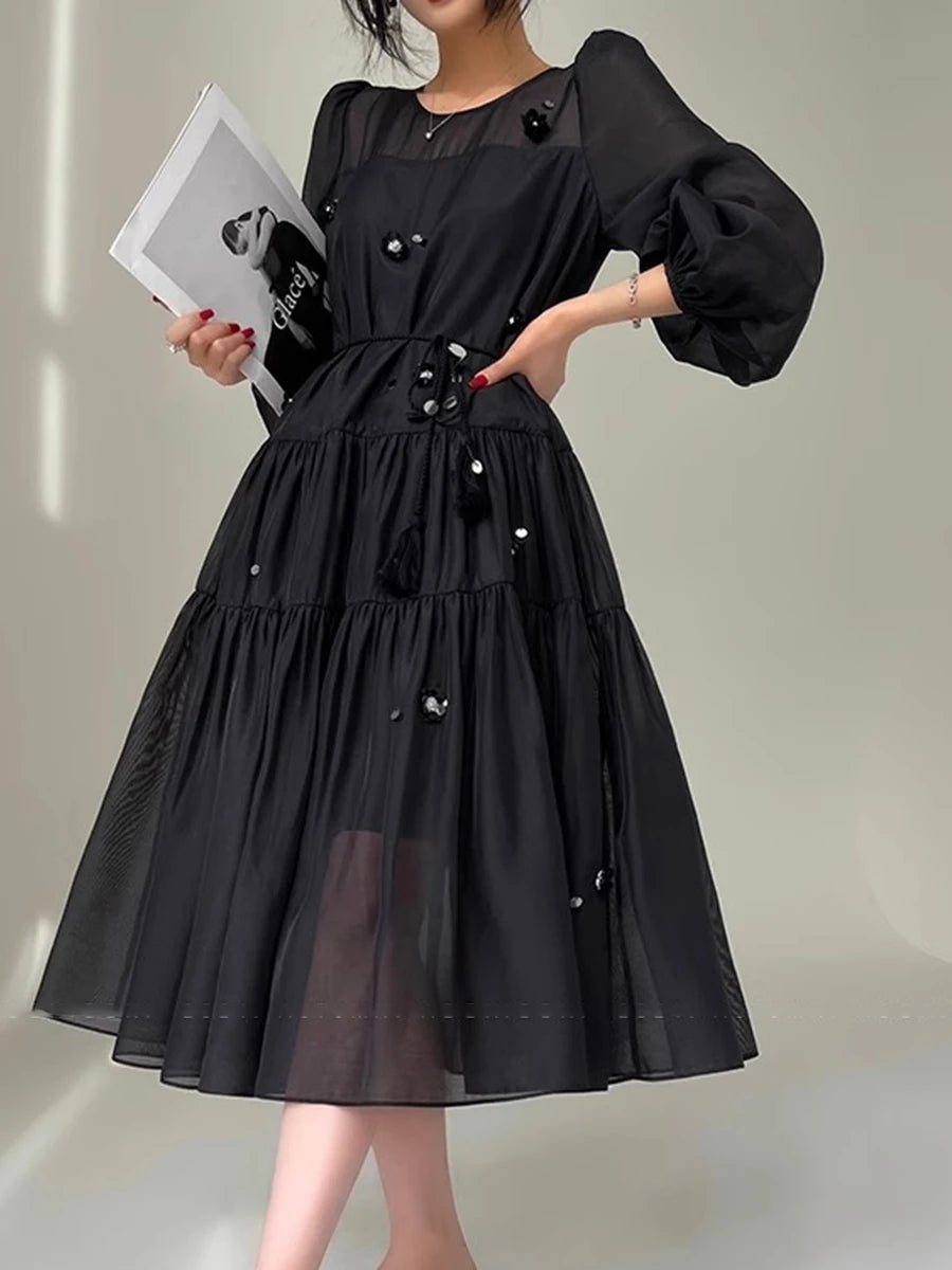 Solid Spliced Sequines Loose Dresses For Women O Neck Long Sleeve High Waist Temperament Dress Female Fashion New